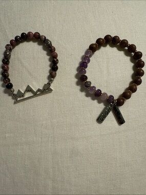 2 Genuine Beaded Mountain & Charm Stretch Bracelets - Pink, Purple, Brown